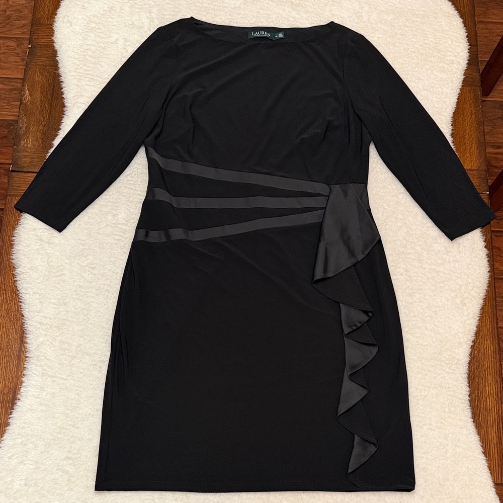 Lauren Ralph Lauren Black Satin Side Ruffle Sheath Dress